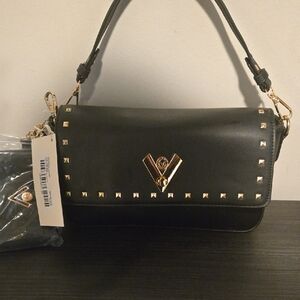 Valentino Orlandi Black Studded Flap Shoulder Bag Gold Hardware NWT